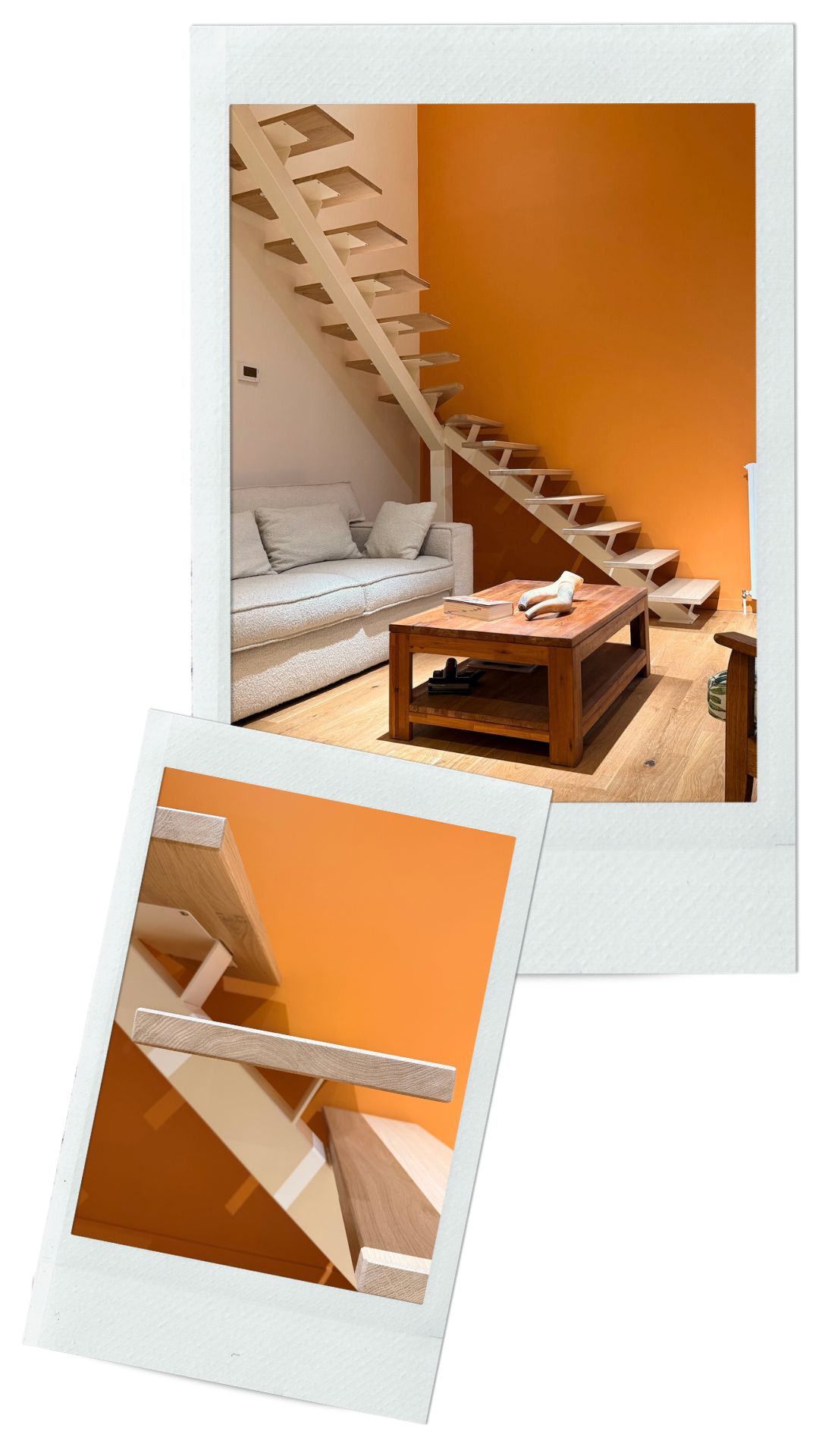 Vue d'un escalier m"tail (détail marches en chênes et vue globale)