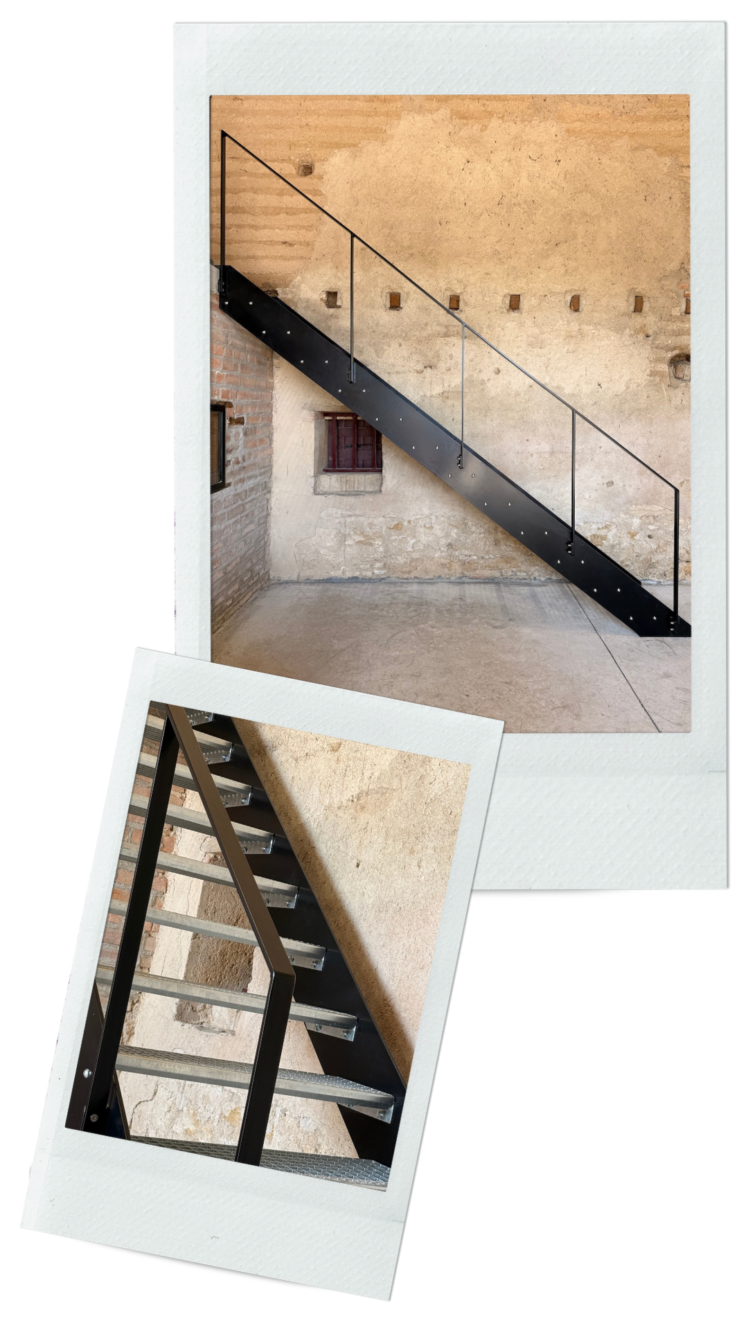 Escalier en métal 2 limons extérieur peint en noir. Vue de côté