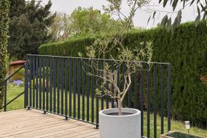 Garde-corps de terrasse réalisé en plat avec au premier plan un laurier en pot